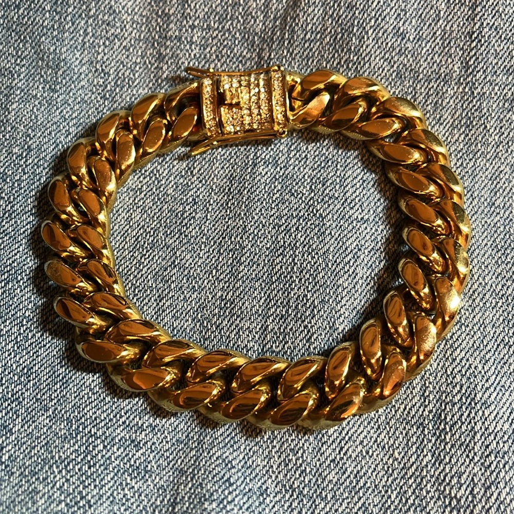Cuban bracelet w/ rhinestones, 9 1/4” 18K GP